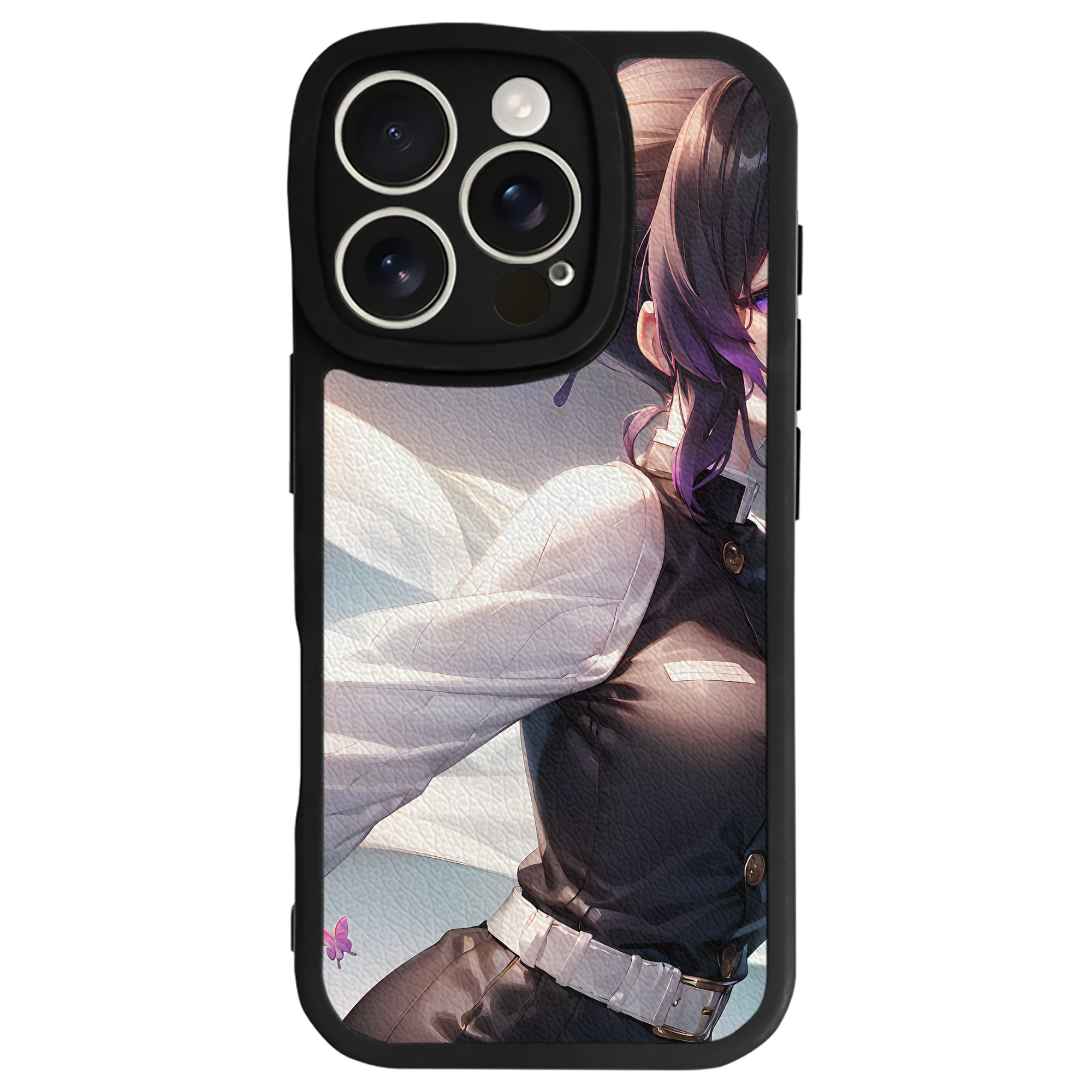 （画像用） 鬼滅の刃（きめつのやいば）蟲柱-胡蝶 しのぶ／こちょう しのぶ Kochou Shinobu 【iPhone 16シリーズ対応】シリコンスマホケース（レザー調） 材質：シリコン